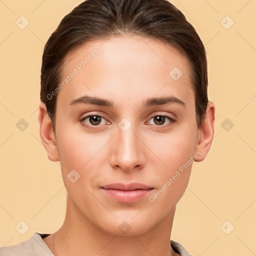 Neutral white young-adult female with short  brown hair and brown eyes