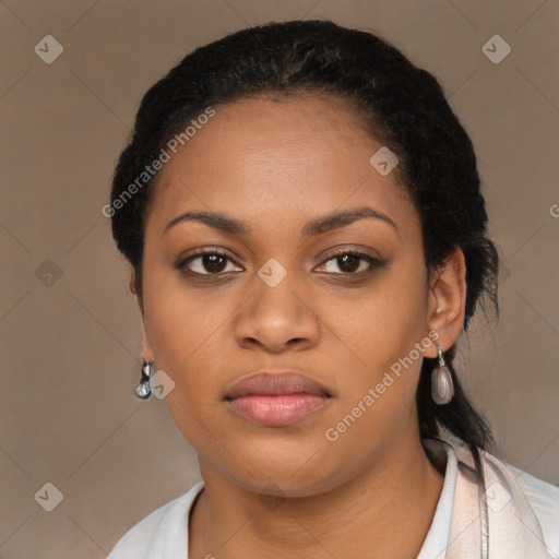 Neutral black young-adult female with short  black hair and brown eyes