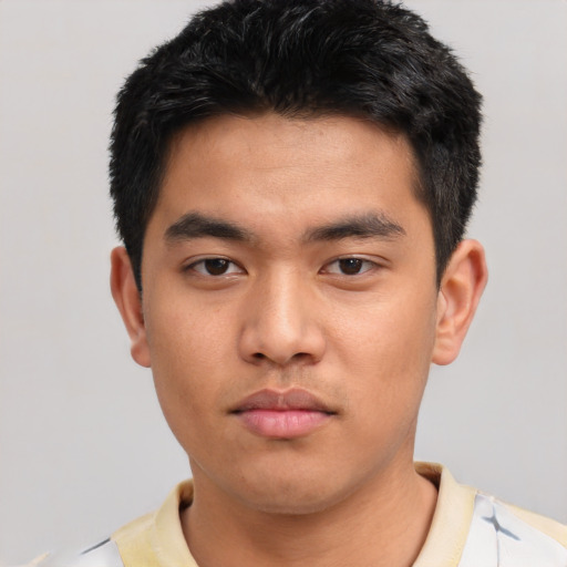 Neutral asian young-adult male with short  black hair and brown eyes