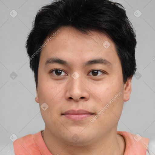 Neutral asian young-adult male with short  brown hair and brown eyes