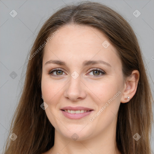 Joyful white young-adult female with long  brown hair and grey eyes