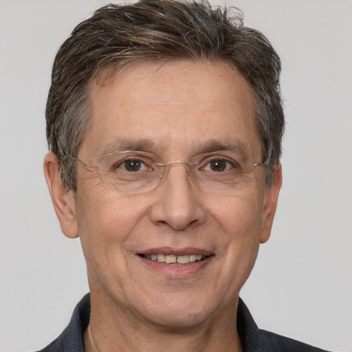 Joyful white middle-aged male with short  brown hair and brown eyes