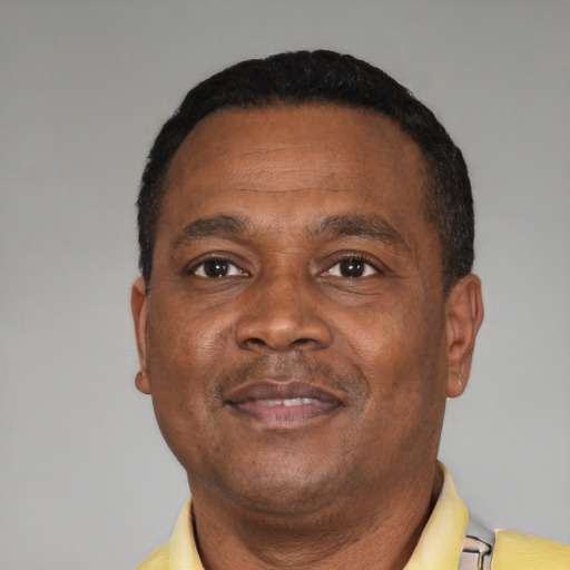 Neutral black adult male with short  black hair and brown eyes