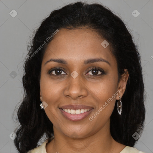 Joyful black young-adult female with medium  brown hair and brown eyes