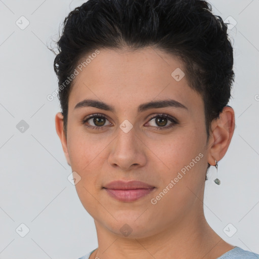 Joyful white young-adult female with short  brown hair and brown eyes