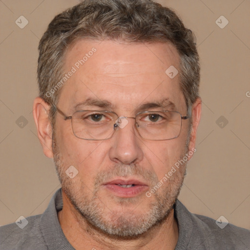 Joyful white middle-aged male with short  brown hair and brown eyes