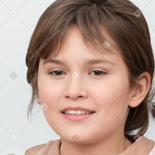 Joyful white child female with medium  brown hair and brown eyes