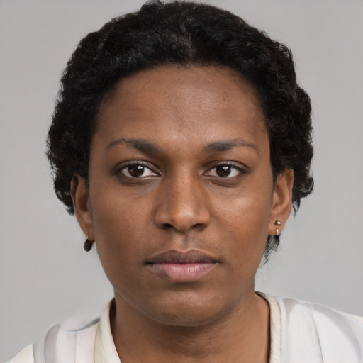 Neutral black young-adult female with short  brown hair and brown eyes
