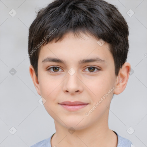 Joyful white child male with short  brown hair and brown eyes