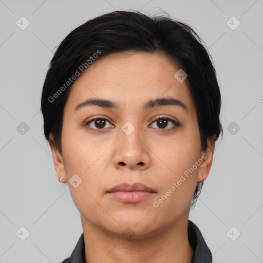 Neutral asian young-adult female with short  black hair and brown eyes