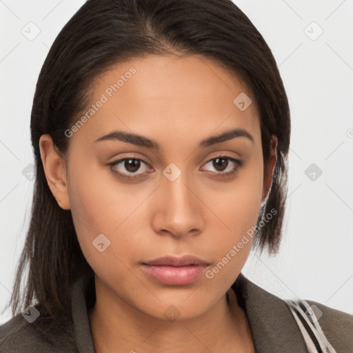 Neutral white young-adult female with long  brown hair and brown eyes