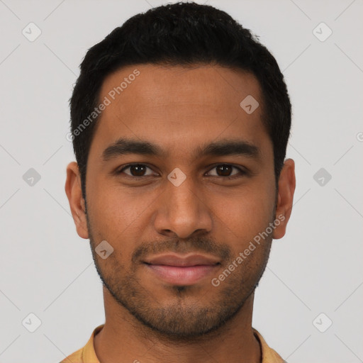 Neutral latino young-adult male with short  black hair and brown eyes