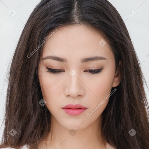 Neutral asian young-adult female with long  brown hair and brown eyes