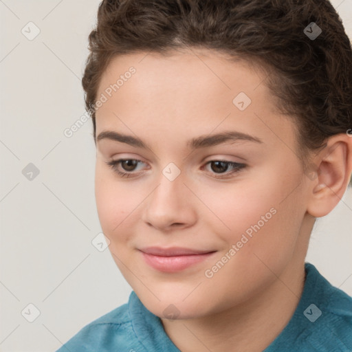 Joyful white child female with short  brown hair and brown eyes