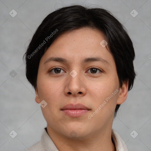 Neutral asian young-adult female with short  brown hair and brown eyes