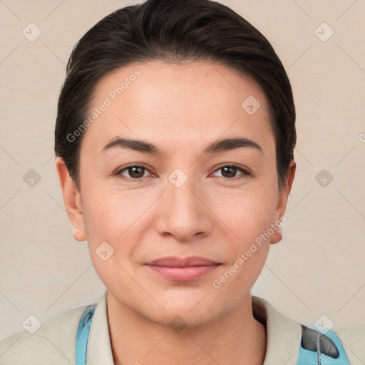 Joyful white young-adult female with short  brown hair and brown eyes