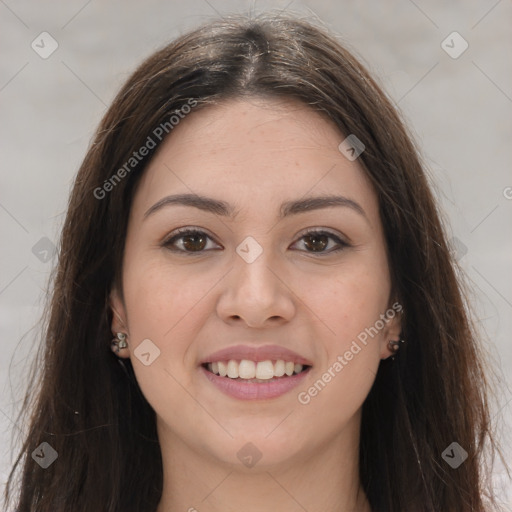 Joyful white young-adult female with long  brown hair and brown eyes