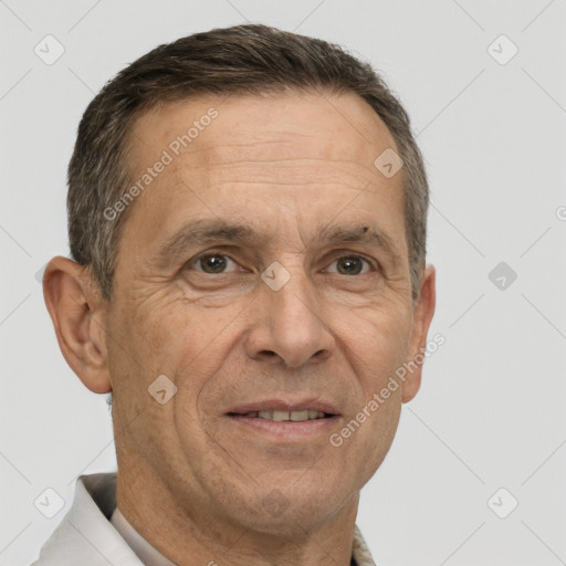 Joyful white middle-aged male with short  brown hair and brown eyes