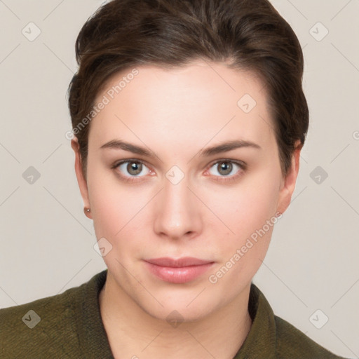 Neutral white young-adult female with short  brown hair and brown eyes