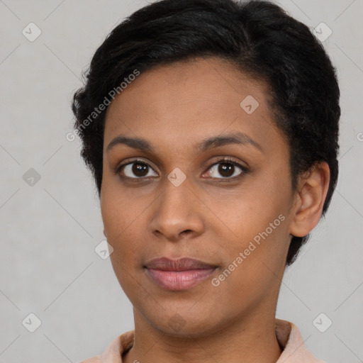 Joyful latino young-adult female with short  brown hair and brown eyes