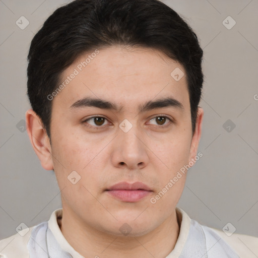 Neutral white young-adult male with short  brown hair and brown eyes