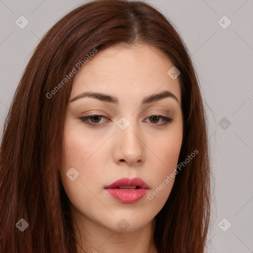 Neutral white young-adult female with long  brown hair and brown eyes