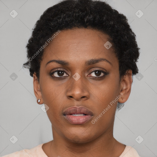 Neutral black young-adult female with short  black hair and brown eyes