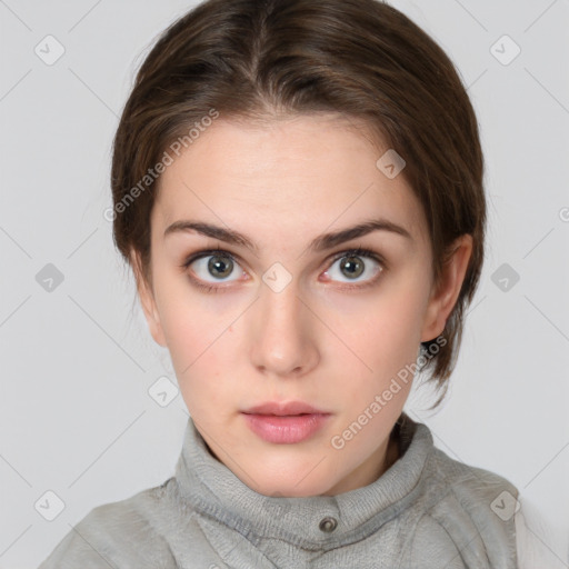 Neutral white young-adult female with medium  brown hair and grey eyes