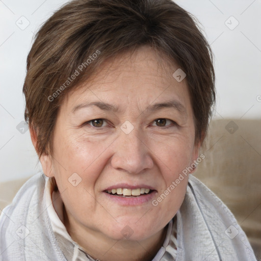 Joyful white adult female with short  brown hair and brown eyes