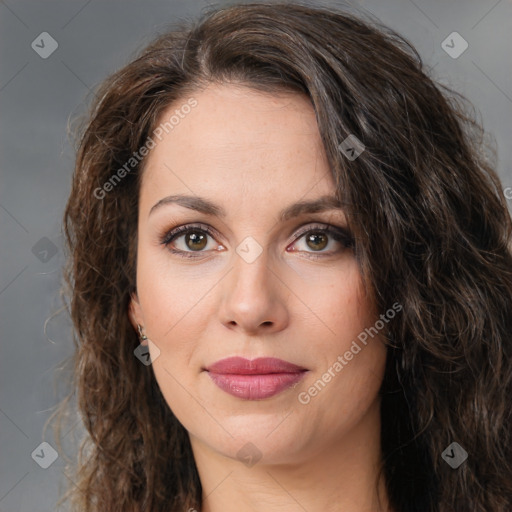 Joyful white young-adult female with long  brown hair and green eyes