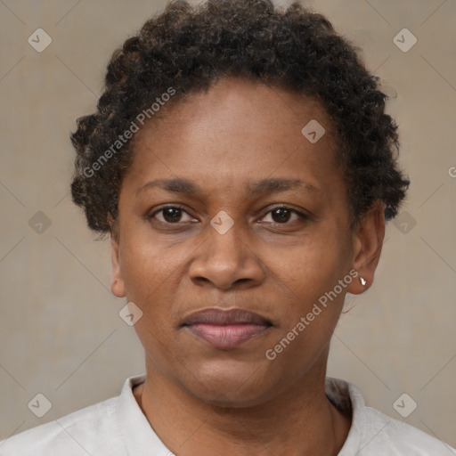 Joyful black adult female with short  brown hair and brown eyes