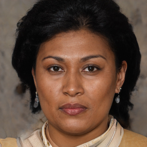 Joyful latino adult female with short  black hair and brown eyes