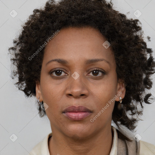 Neutral black adult female with medium  brown hair and brown eyes