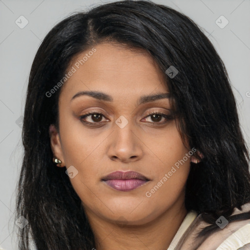 Joyful latino young-adult female with long  black hair and brown eyes