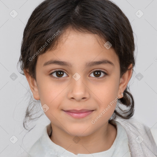 Joyful white child female with medium  brown hair and brown eyes