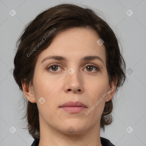 Neutral white young-adult female with medium  brown hair and brown eyes