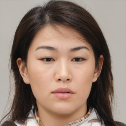 Neutral asian young-adult female with medium  brown hair and brown eyes