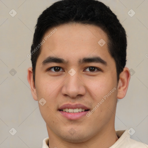 Joyful latino young-adult male with short  brown hair and brown eyes