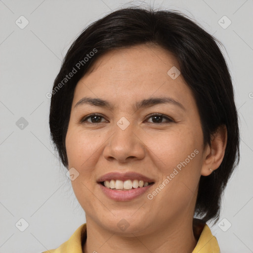 Joyful white young-adult female with medium  brown hair and brown eyes