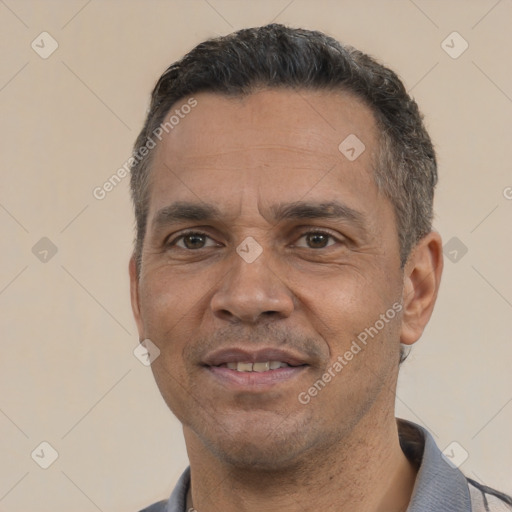 Neutral white adult male with short  black hair and brown eyes
