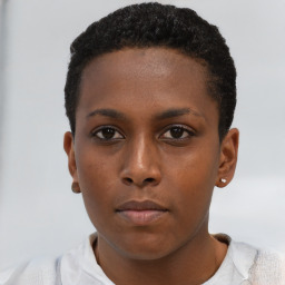 Neutral black young-adult female with short  brown hair and brown eyes