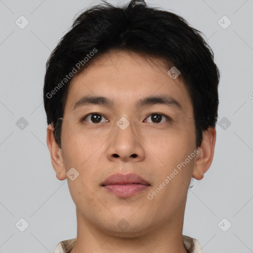 Neutral asian young-adult male with short  brown hair and brown eyes