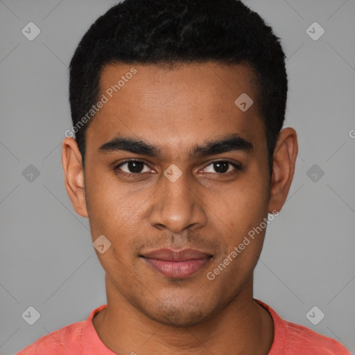 Neutral latino young-adult male with short  black hair and brown eyes