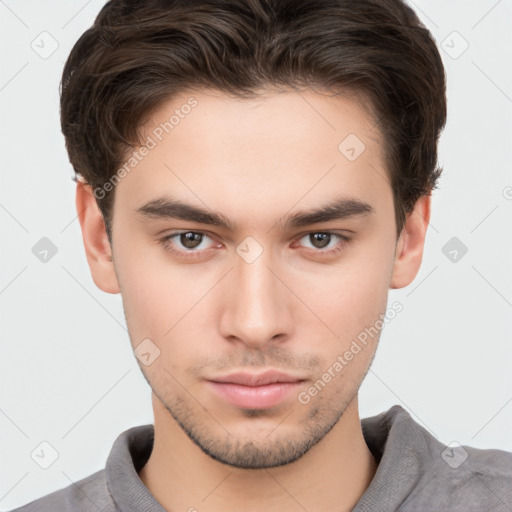 Neutral white young-adult male with short  brown hair and brown eyes