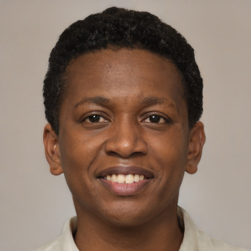 Joyful black young-adult male with short  brown hair and brown eyes
