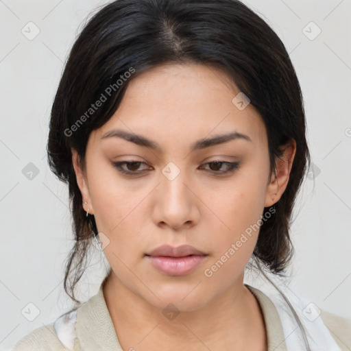 Neutral asian young-adult female with medium  brown hair and brown eyes