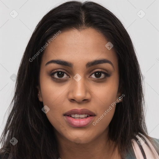 Joyful latino young-adult female with long  brown hair and brown eyes