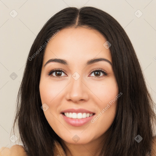 Joyful white young-adult female with long  black hair and brown eyes