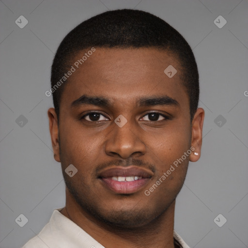 Joyful black young-adult male with short  brown hair and brown eyes