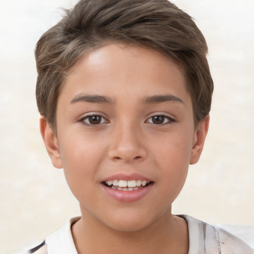 Joyful white child female with short  brown hair and brown eyes